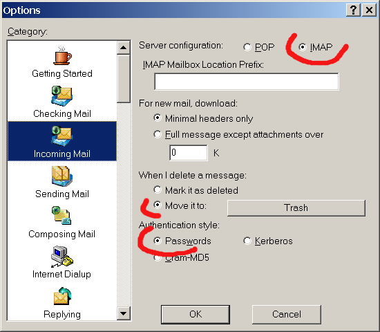 Server configuration: IMAP, nessun mailbox prefix location, altri parametri a scelta (lasciare defaults), Authentication style: password